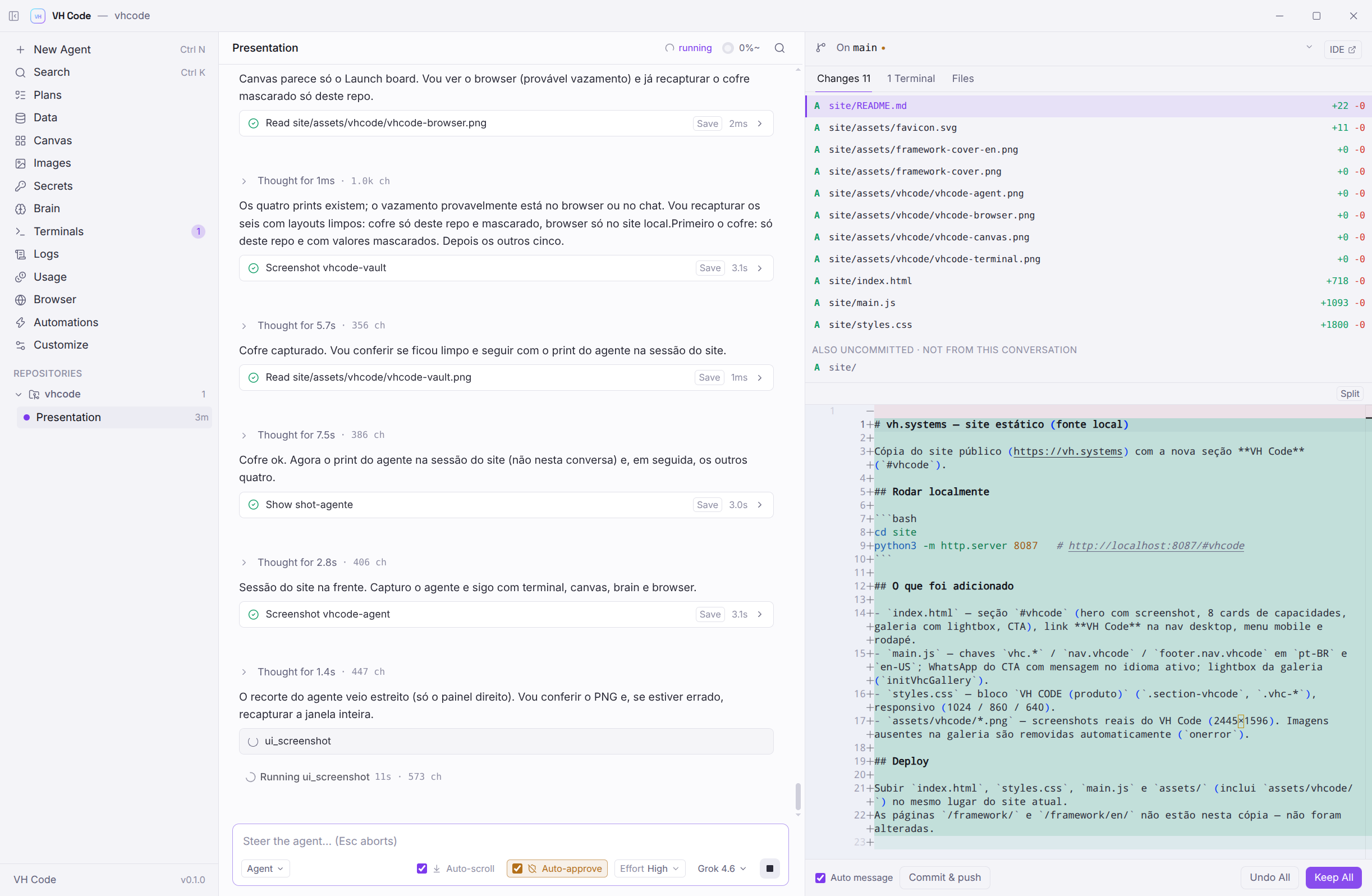 VH Code: agente conversando, painel de mudanças com diff e terminal integrado