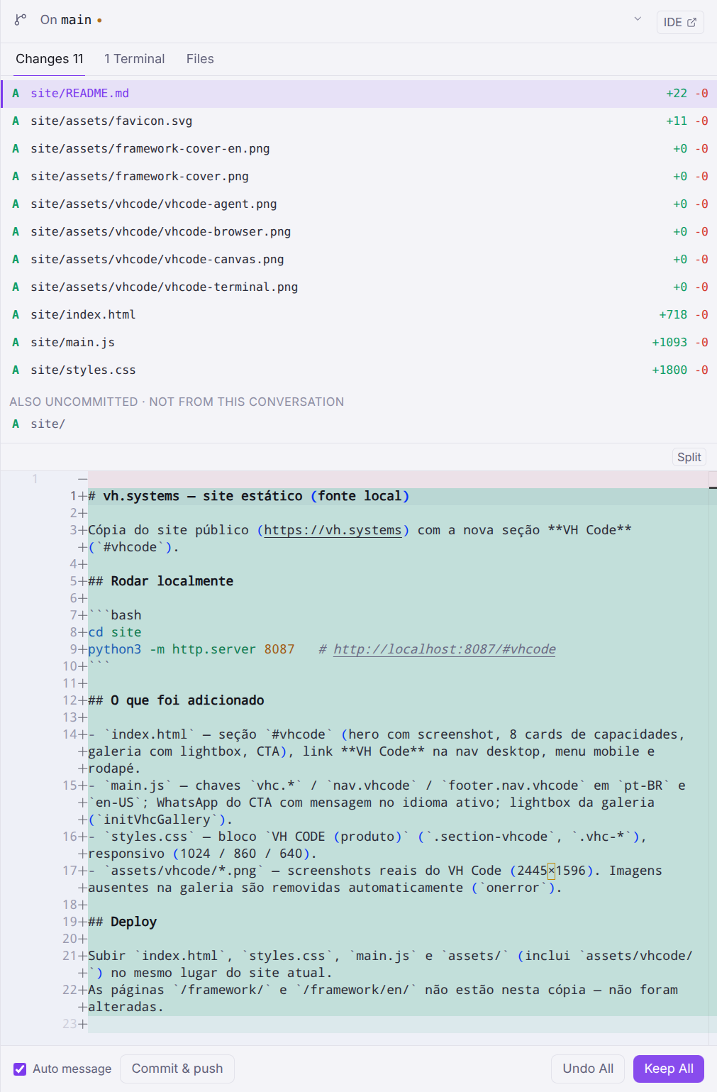 Painel de mudanças com diff no VH Code